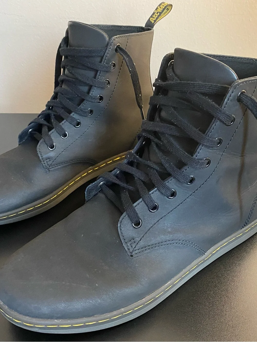 Dr. Martens Black Leather High-Top Lace-Up Boots with Yellow Stitching